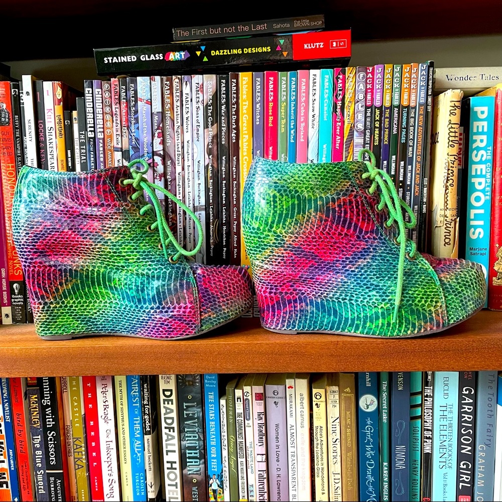 Rainbow snakeskin animal print platform wedges Jeffrey Campbell
